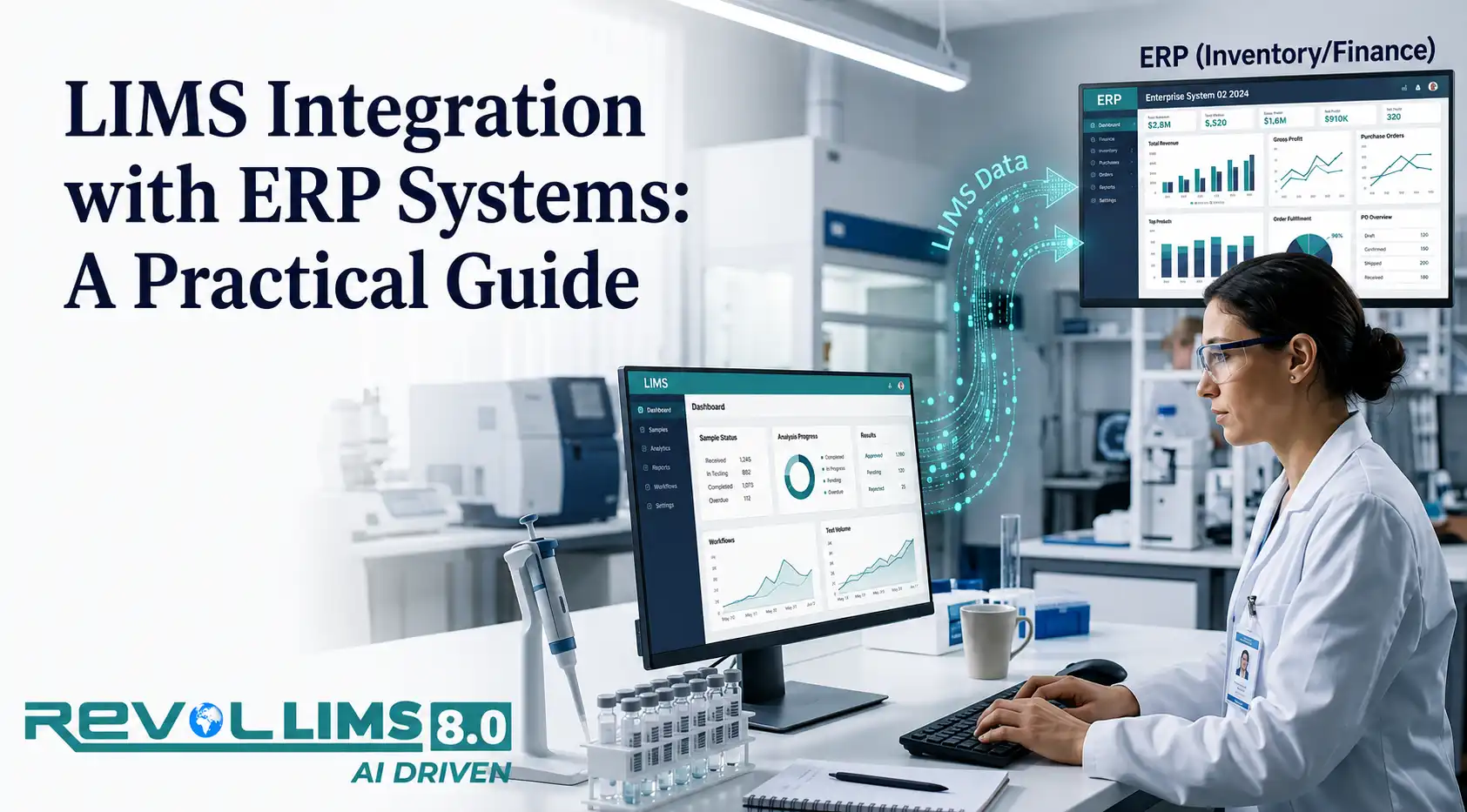 LIMS integration with ERP systems showing a laboratory professional using LIMS software connected to an ERP dashboard for inventory and finance management, with Revol LIMS 8.0 branding